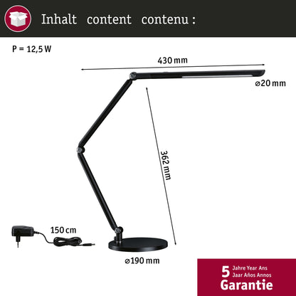 Paulmann 78912 LED Desk Lamp FlexBar White Switch Tunable White Including 1 x 10.6 Watt Dimmable Assistance Lights Black Table Lamp 3000 K