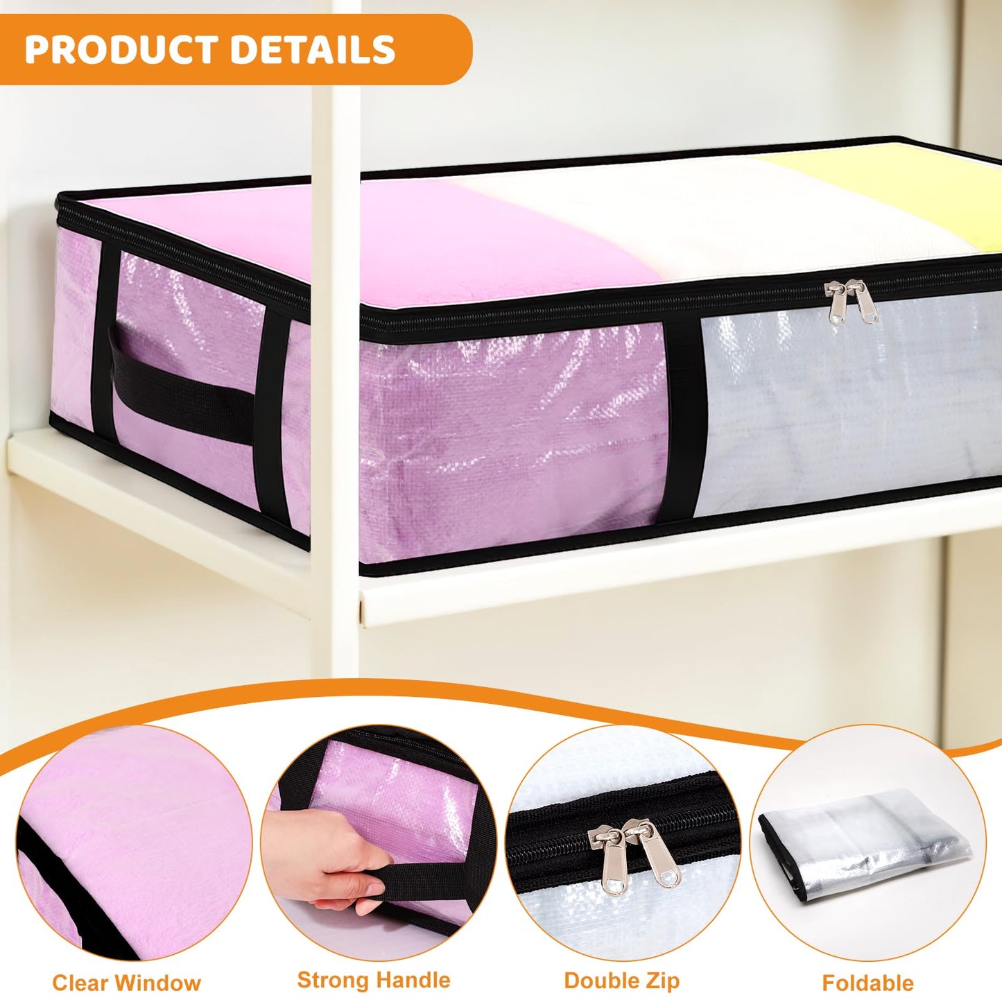 4 Pack 60L Under Bed Storage Bags Foldable UnderBed Storage Box, Clear PP