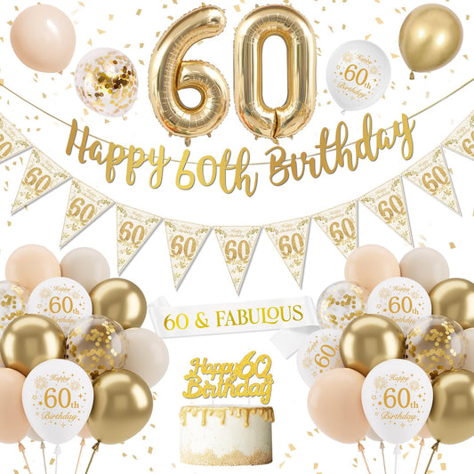 60th Birthday Women Decoration - White and Gold Balloons, Confetti, Number 60 Foil Balloons for Woman Celebration