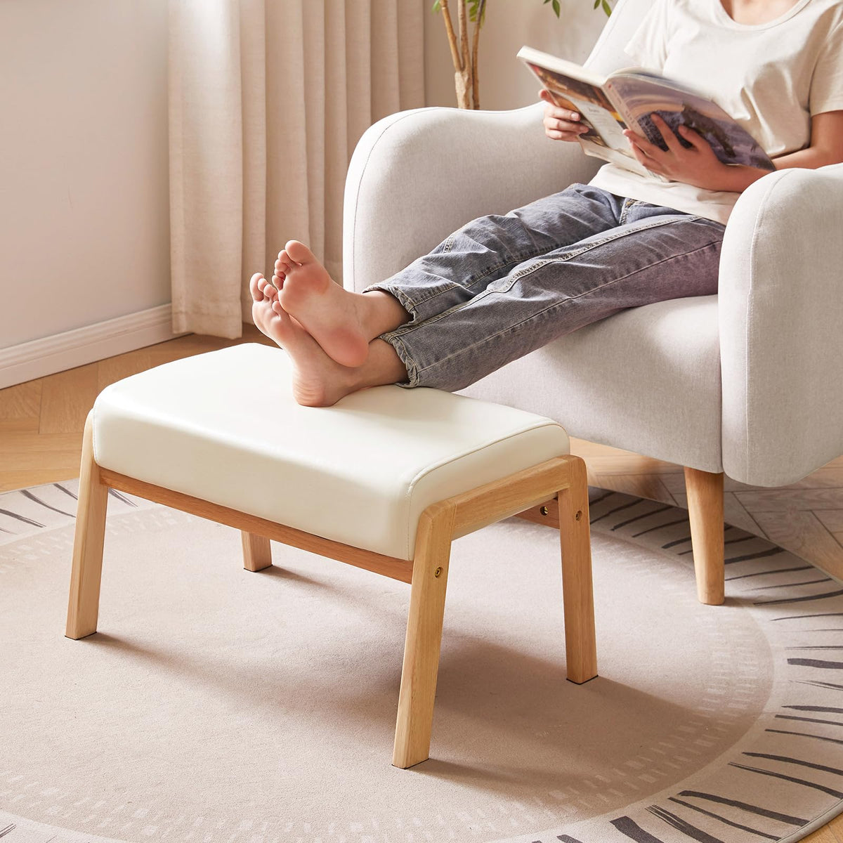 IBUYKE 14.2” H Large Foot Stool Ottoman, Rectangle PU Faux Leather Foot Rest with Padded Seat and Wood Legs