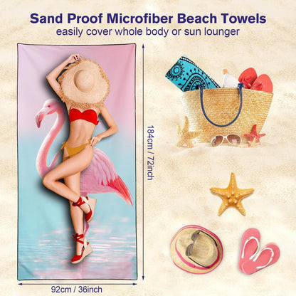 Violetpos Pink Flamingo Beach Towel, Extra Large 180x90 cm 250GSM Microfibre, Sand Free Quick Dry