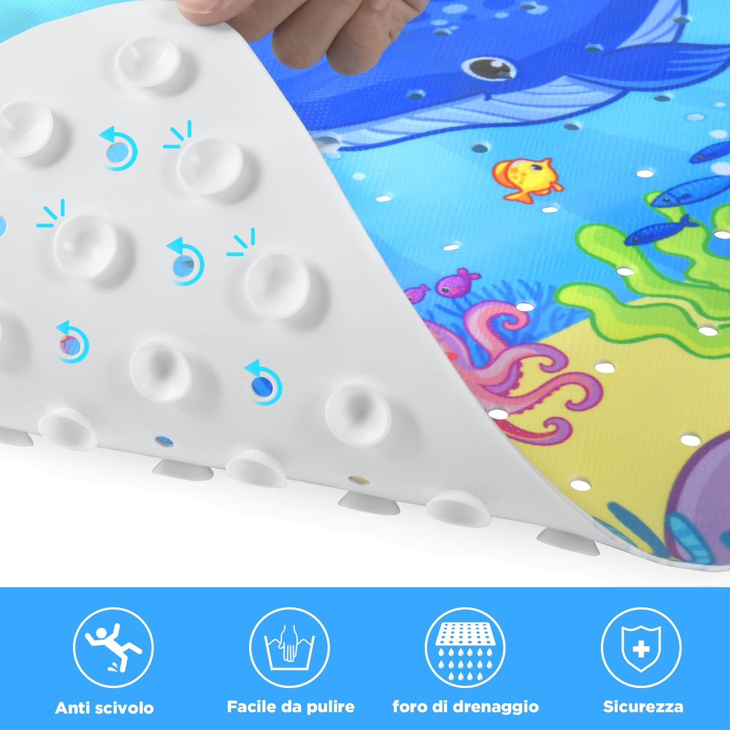 OTraki Baby Bath Mats Non Slip, 53x53cm Cartoon Shower Mat Marine Animal World Bathtub Mat with Suction Cups Drain Holes Machine Washable Kids Bath