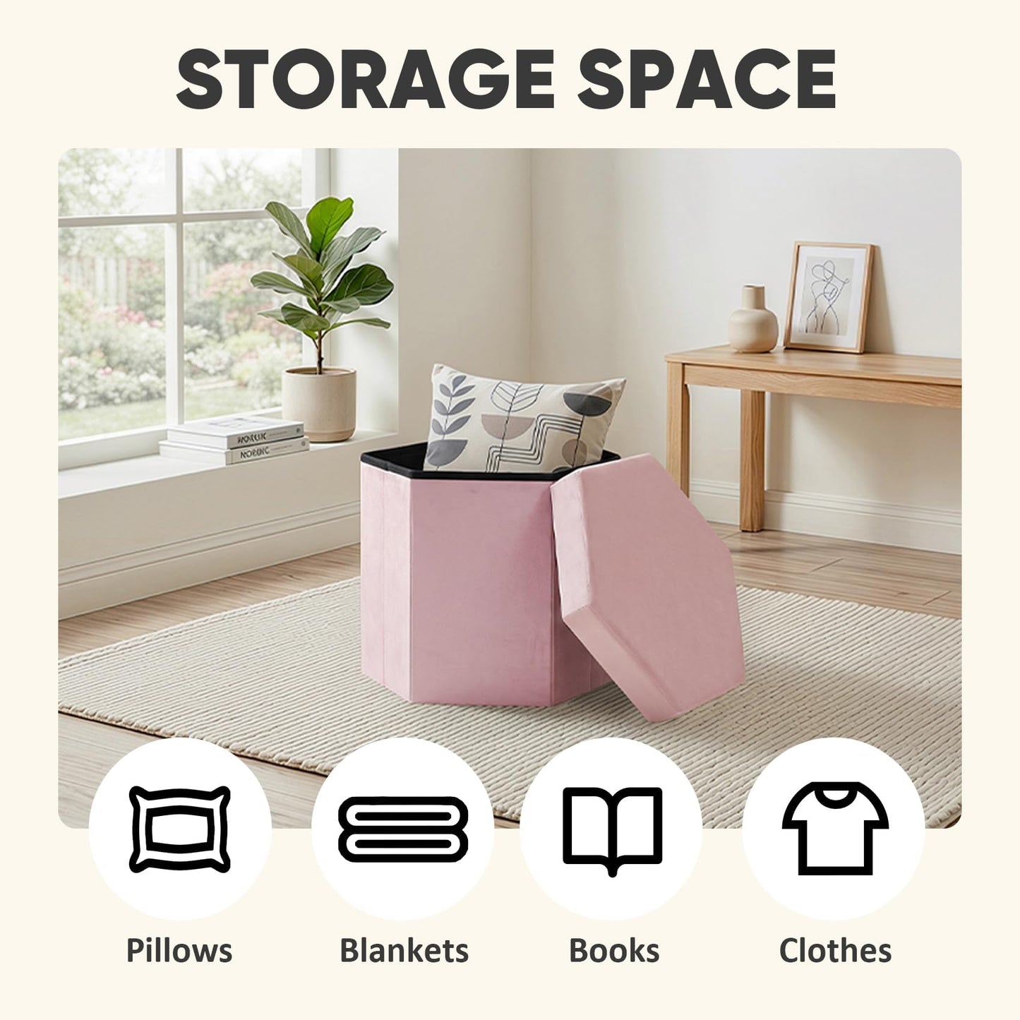 PINPLUS Hexagonal Storage Ottoman, Velvet Foldable Footstool, Pink