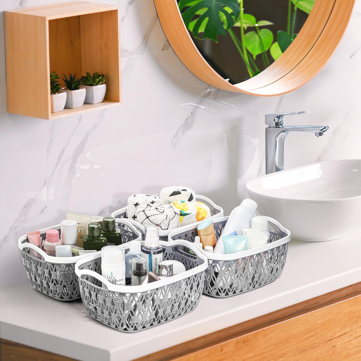 Noamus 8 Pack Plastic Baskets for Organizing, Portable Small Pantry Organizer, Stackable Household Storage Bin for Laundry Room Bathroom Bedroom