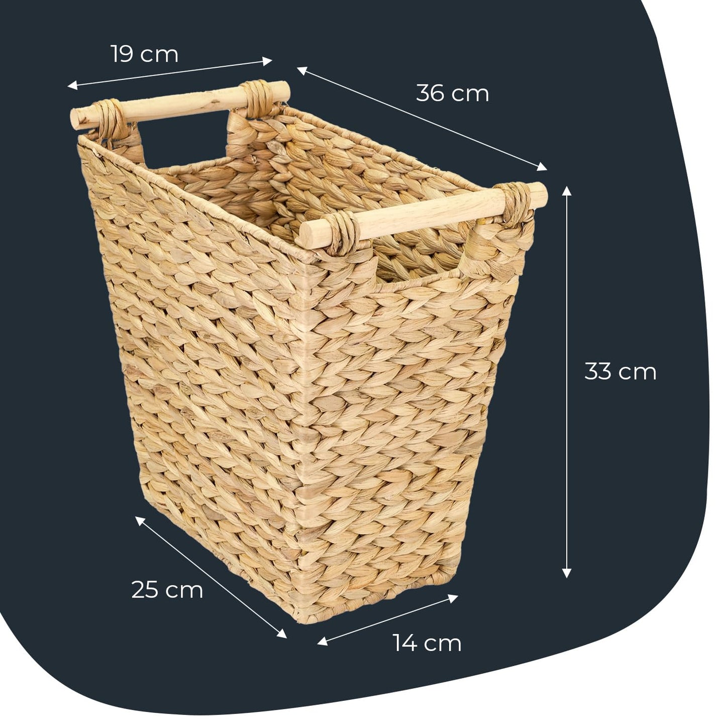 HMF Office Waste Paper Bin, Storage Basket with Wooden Handles, Braided from Water Hyacinth, Trapezoid, 36 x 19 x 33 cm