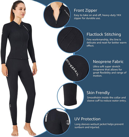 EUPTE 2mm Wetsuits Women/Men Long Sleeve Jacket UPF50+ UV Protection Diving Skin Suit Top for Scuba Diving Snorkeling Surfing Swimming (women, M)