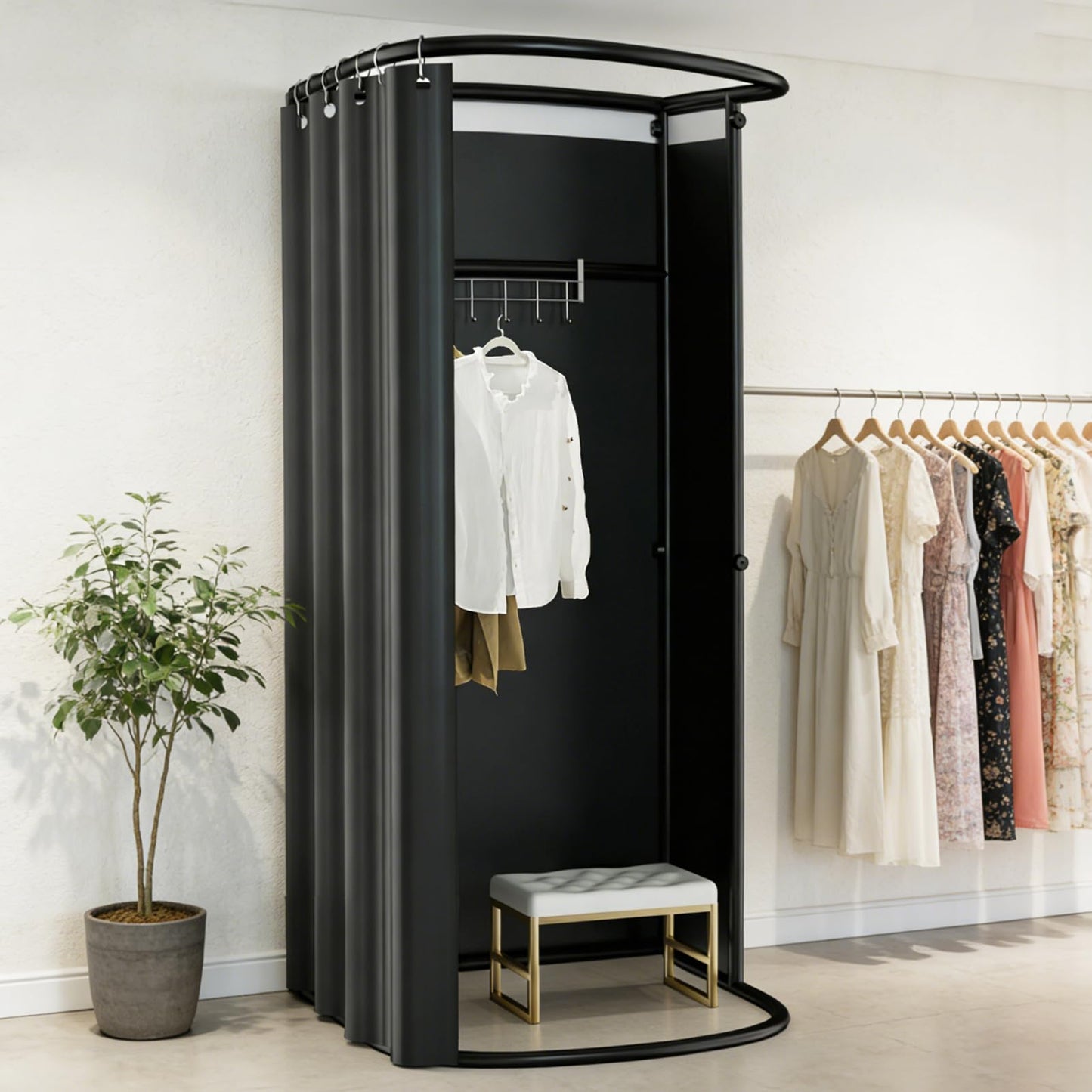 LXSEHN Clothing Store Changing Room, U-Shape Mobile Fitting Room, Black