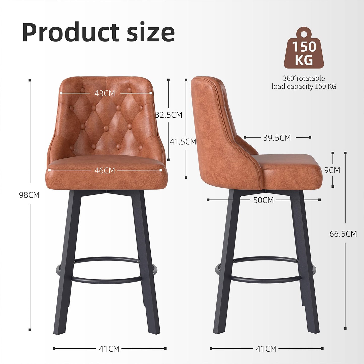 Youhauchair Bar Stools Set of 2, Waterproof PU Leather, Brown