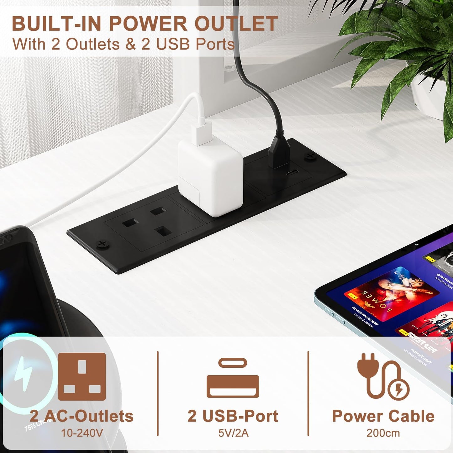 iSunirm L Shaped Gaming Desk with Power Outlets & LED Lights, Small L- Shaped Computer Corner Desk with Monitor Stand & Storage Shelf