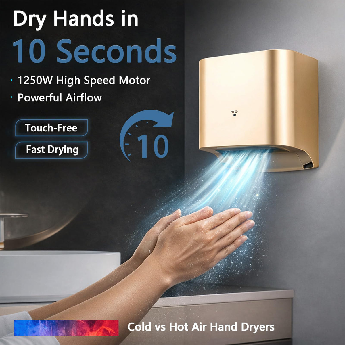 BESTXH 1250W Gold Automatic Touchless Hand Dryer with UK Plug, Rust-Proof ABS