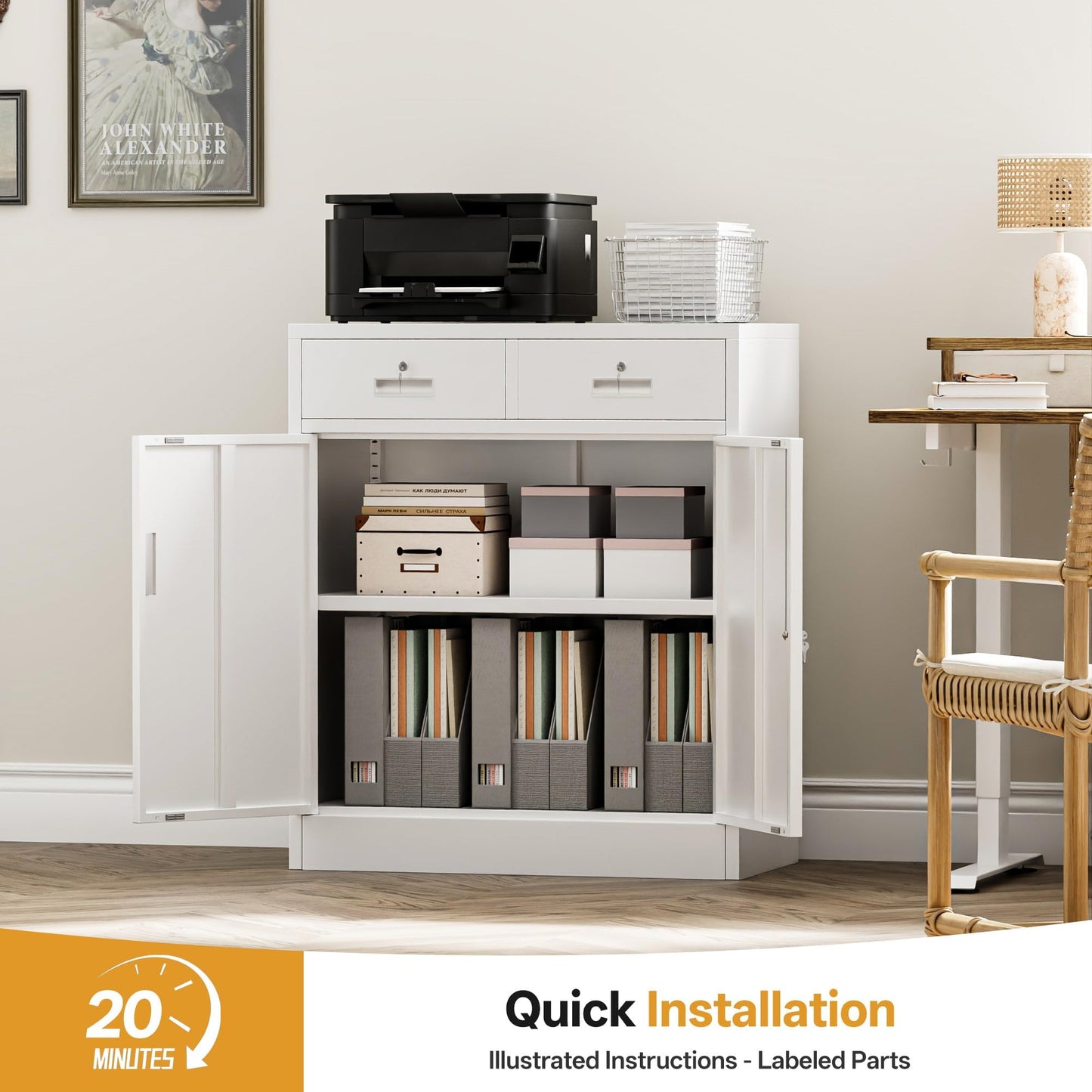 Metal Storage Cabinet, 90cm Locking Storage Cabinet with Doors, Steel Storage Cabinet with 2 Drawers and Adjustable Shelf for Garage, Home, Office