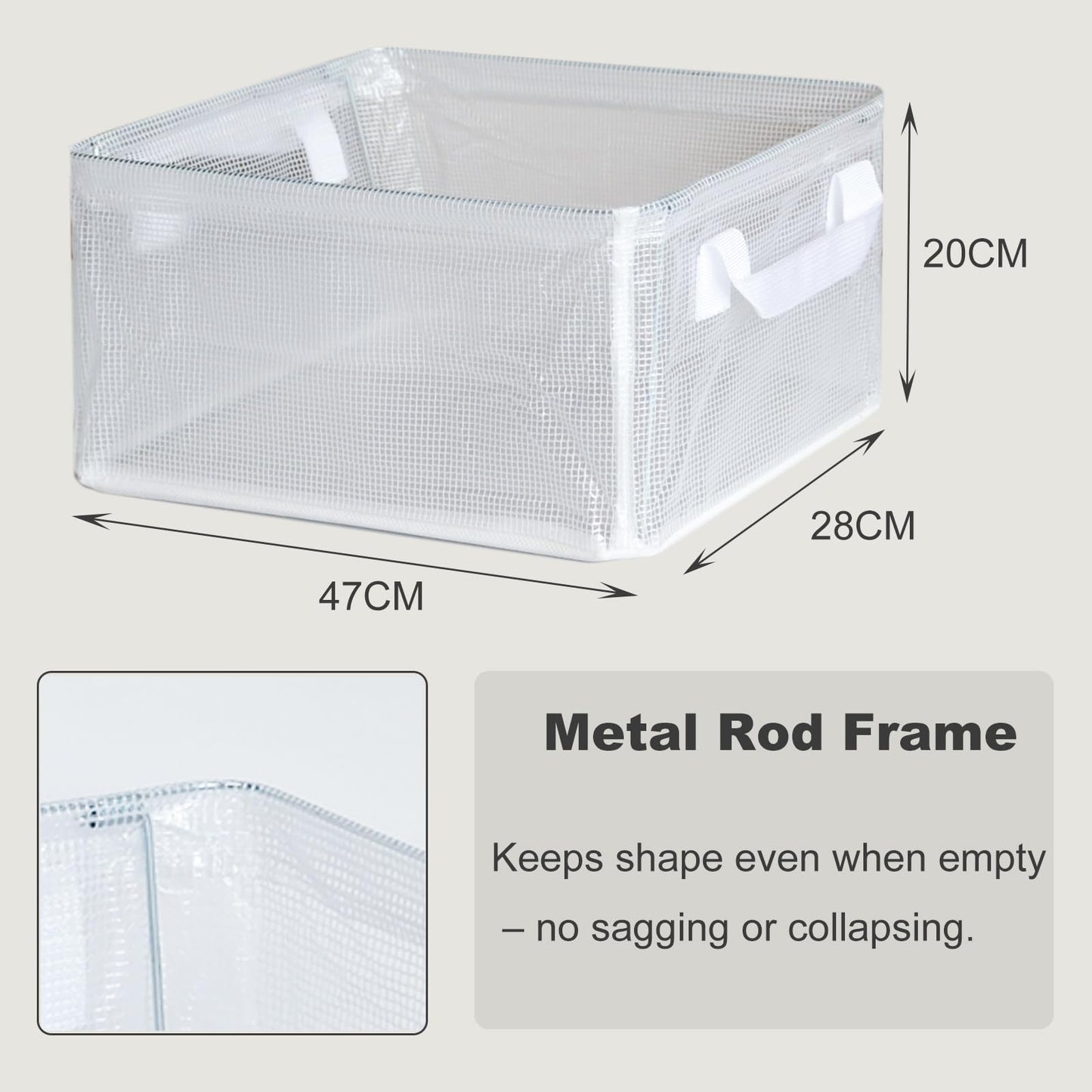 Goesort 3 Pack Storage Box with Steel Frame Support, Foldable Wardrobe Baskets with Handles, Clear Storage Baskets for Clothes, Toys, Towels, Office