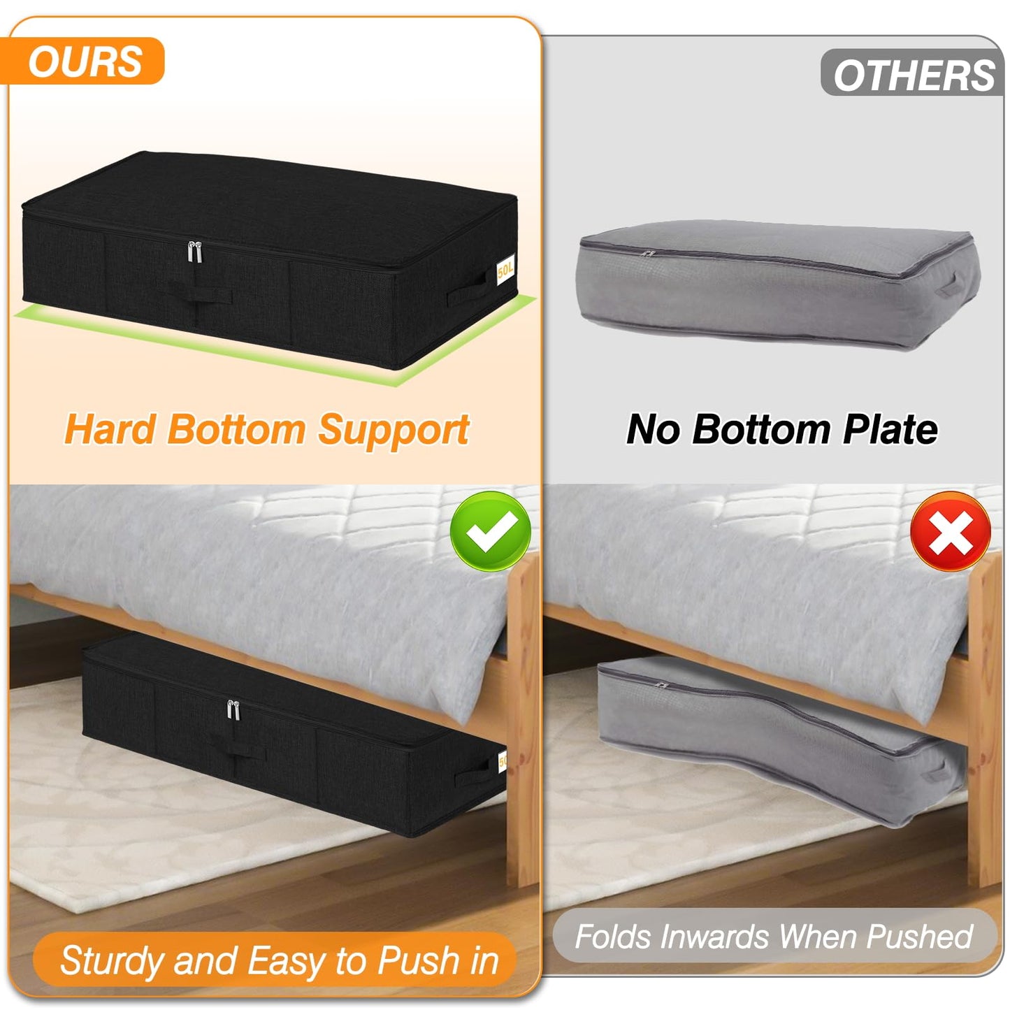 Underbed Storage Box with Lids, 3 Pack Under-Bed Storage with Side & Bottom Support & 3 Handles, Large Foldable Fabric Under Bed Clothes Storage for