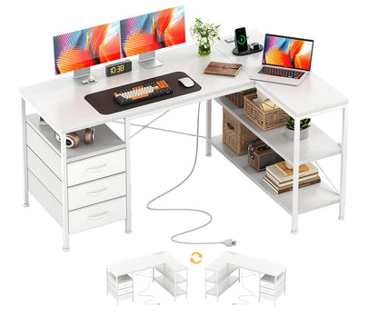 CAIYUN 120cm Corner Desk with Drawers, Reversible L shaped Computer Desk with Power Outlet, Home Office Desk with USB Charging Port, White