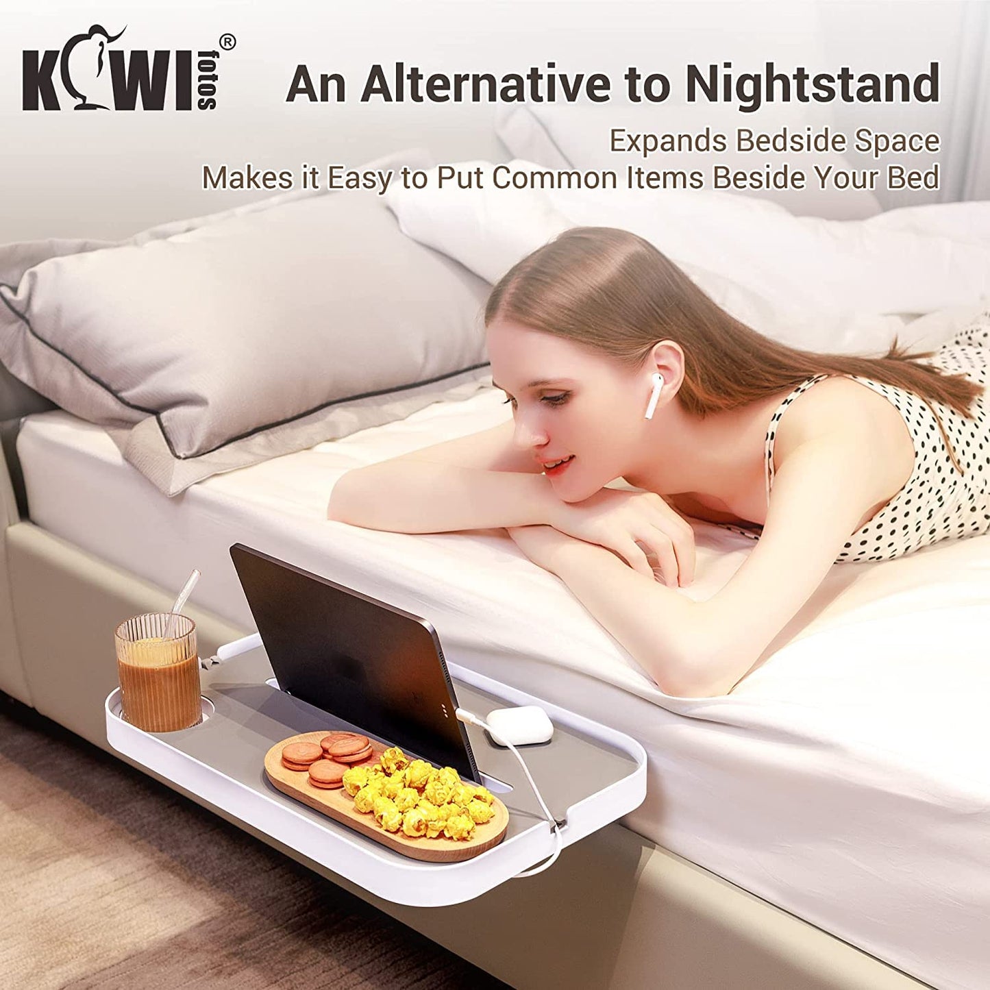 KIWIFOTOS Bedside Shelf for Bed, Clip-On Bedside Shelf Nightstand for Dorm Bunk Bed, Organizer Shelf with Cup Holder, iPad Slot, Mute Design- White