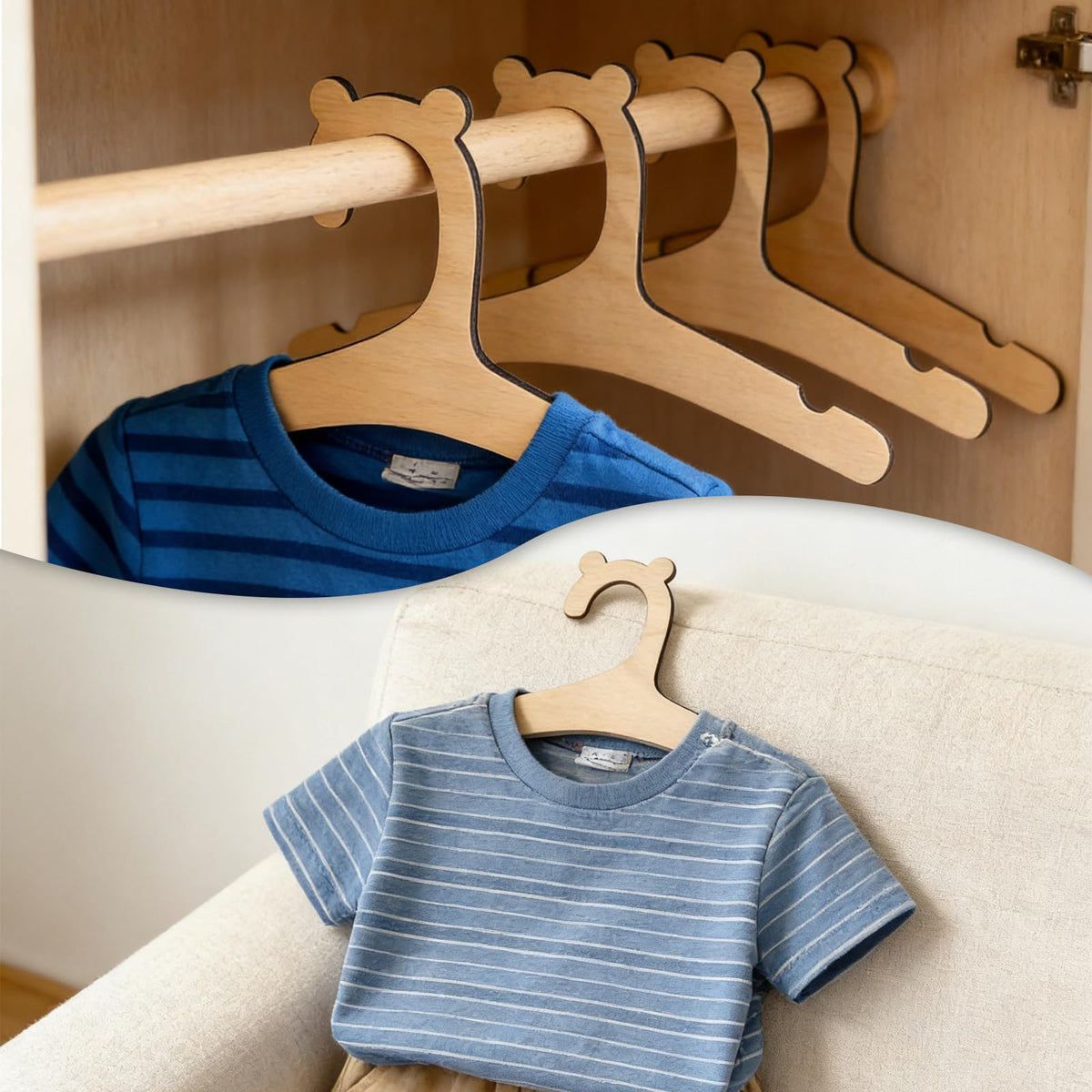 LIQWEI 10Pcs Wooden Baby Hangers, Baby Clothes Hangers, Cute Babies Coat Hanger with Bear Ears Closet Organizer