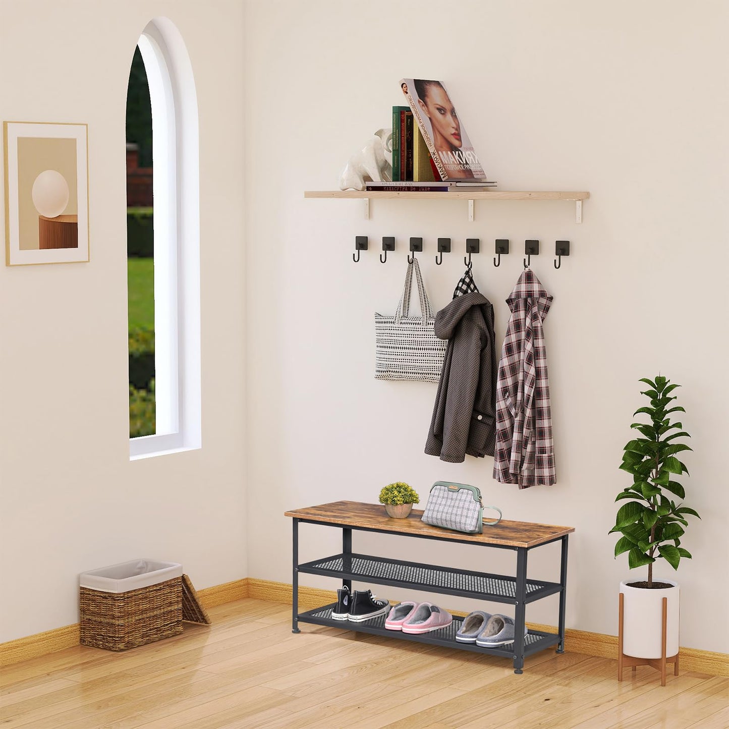 H JINHUI Shoe Bench, Industrial Shoe Rack with Mesh Shelves, 100 x 38 x 45 cm Storage Organiser Shelf, Steel Structure, for Living Room, Bedroom