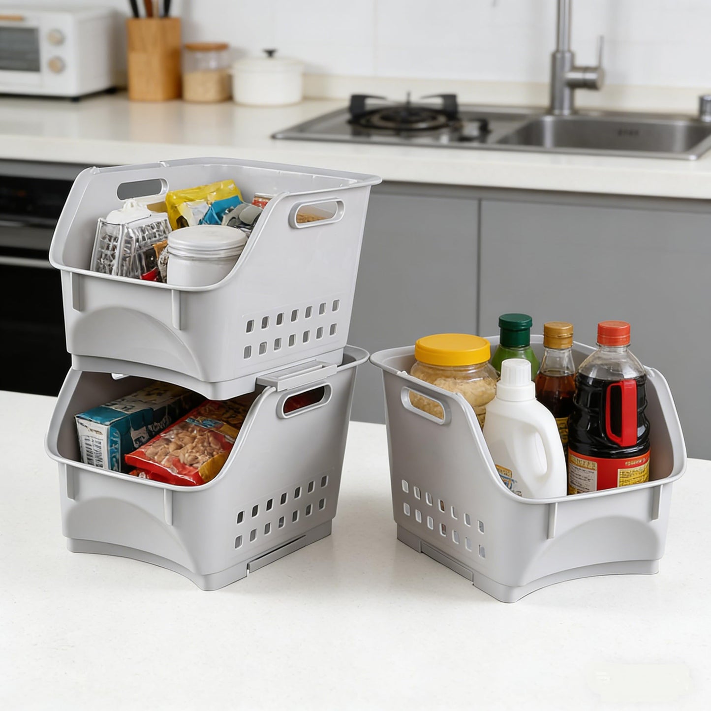 Xyskin 3-Pack Plastic Stackable Storage Basket, Stacking Storage Baskets for Kitchen or Bathroom, Grey Storage Veg Rack Set