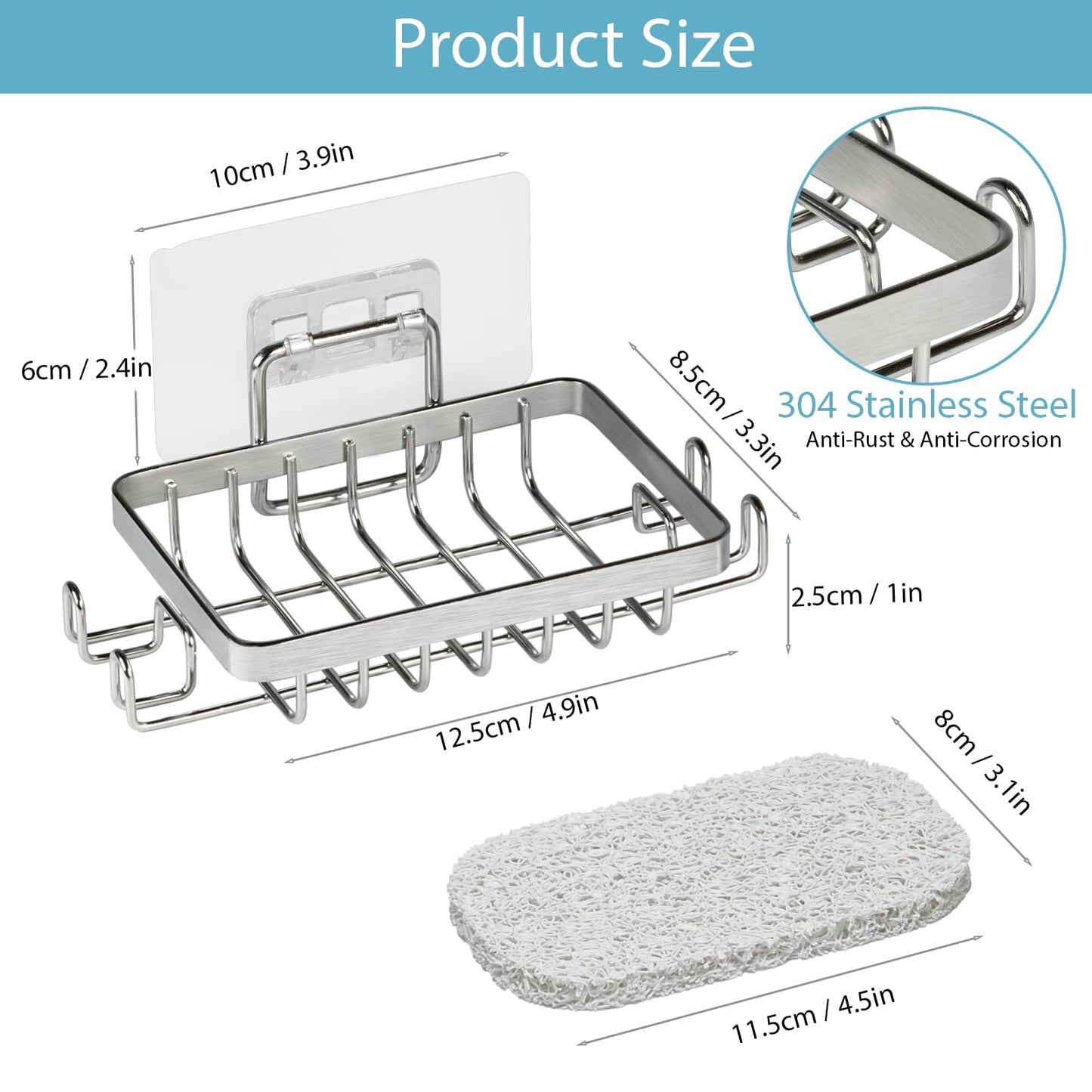 YoHyien 2 Pcs 304 Stainless Steel Wall Mounted Soap Holder, Self Adhesive Soap Dishes with Hooks & Soap Saver, Shower Soap Holder for Bathroom
