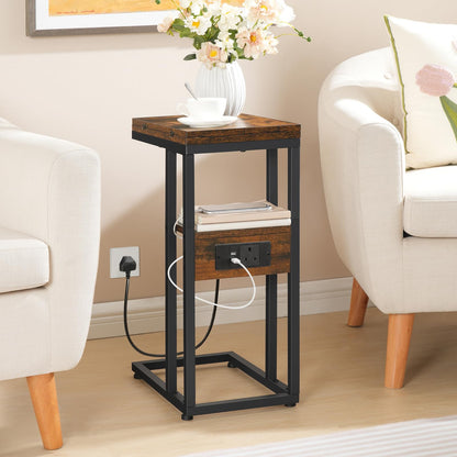 HOOBRO Foldable Side Table, Bedside Table with Charging Station, C Shaped Side Table with Storage Shelf