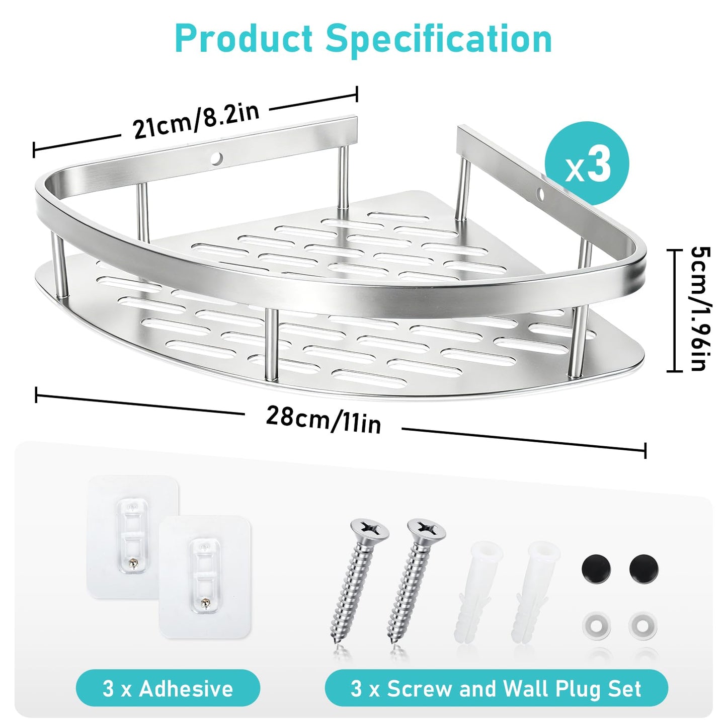 Suimlmta 3 Tier Corner Shower Caddy, No Drill Shower Shelf Organiser Wall Mounted Bathroom Shelves Storage Rack Fit for Showers Toilet Dorm Kitchen