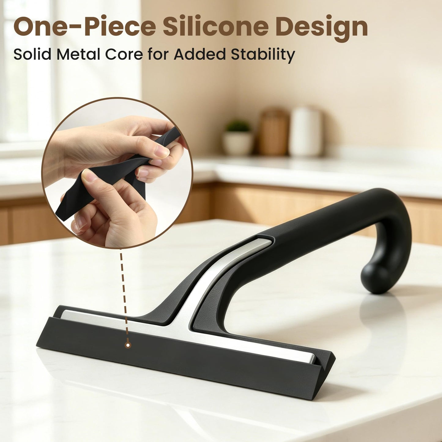Shower Squeegee with Hook, 25cm Silicone Shower Screen Wiper, Black