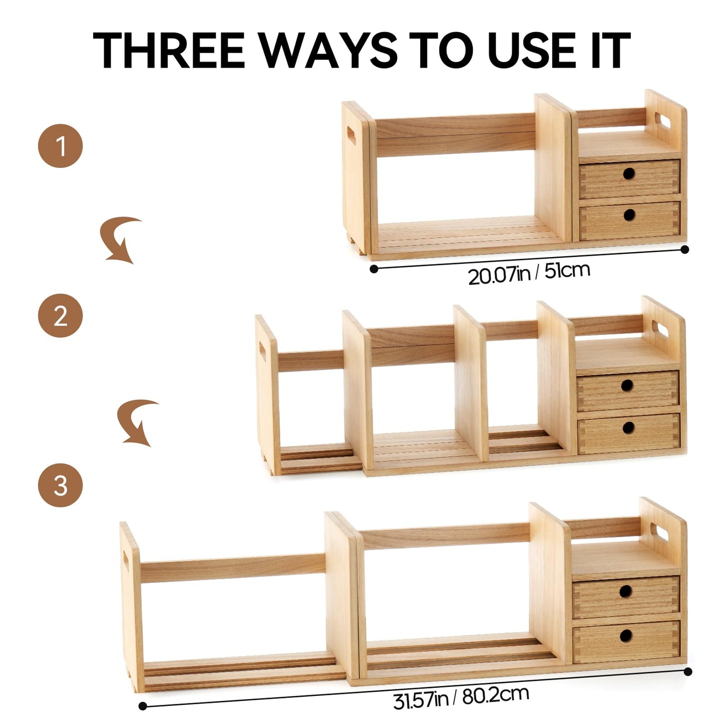 KIRIGEN Desktop Wooden Bookshelf, Expandable Book Organiser with 2 Drawers Desktop Bookcase Multifunction Storage Organizer Book Display Rack Home