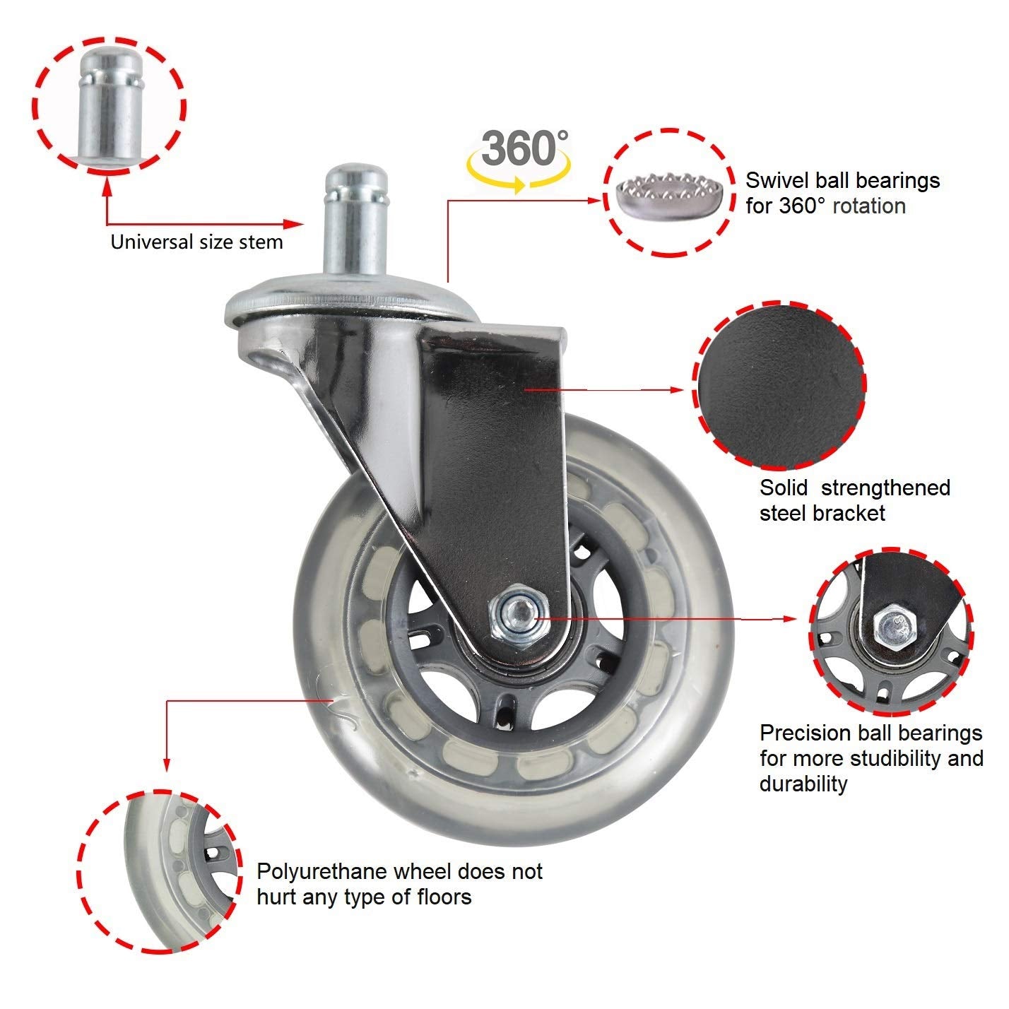 Kaleurrier Heavy Duty Caster Wheels Replacement,Premium Rubber Wheels for Office Chairs,Rolling Stools,or Drafting Chairs,Universal Rollerblade