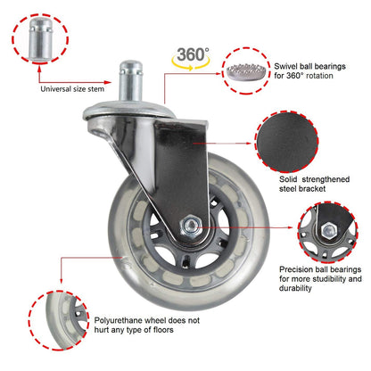 Kaleurrier Heavy Duty Caster Wheels Replacement,Premium Rubber Wheels for Office Chairs,Rolling Stools,or Drafting Chairs,Universal Rollerblade