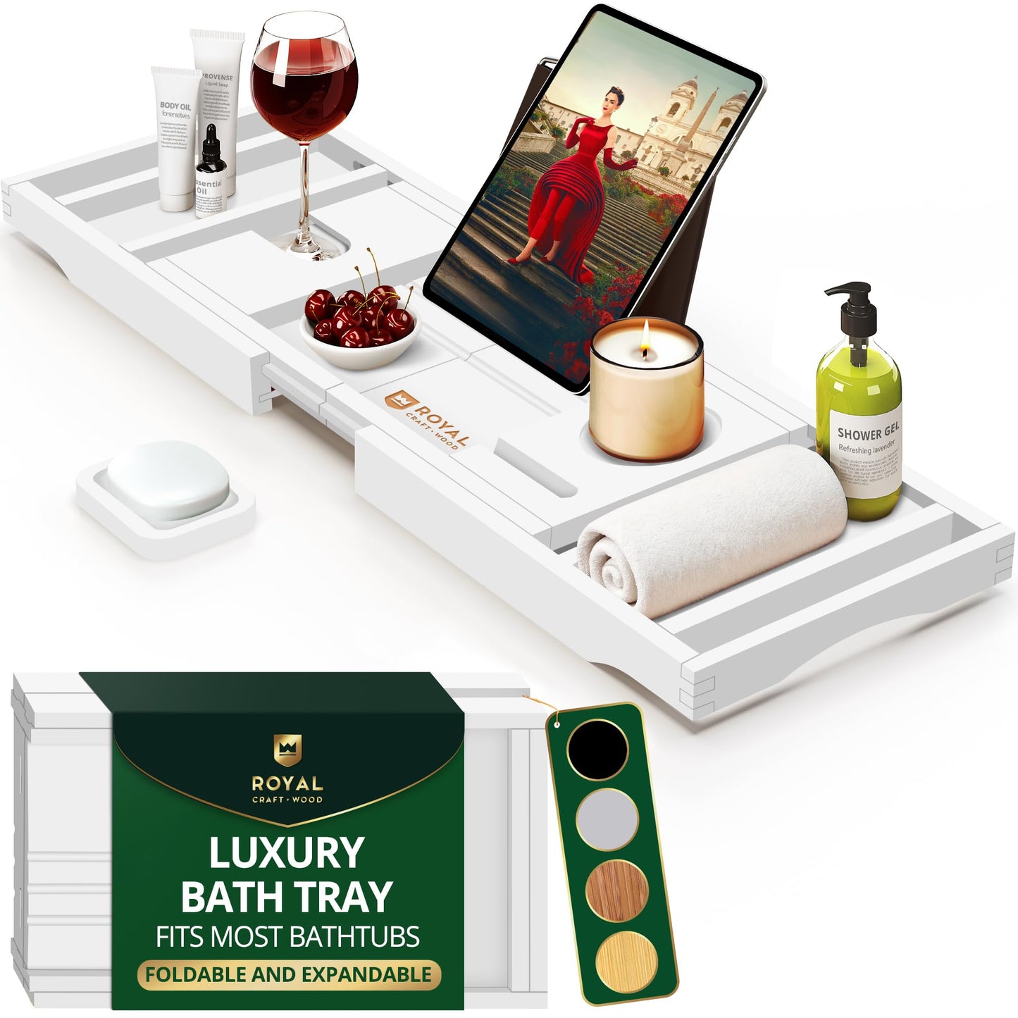 ROYAL CRAFT WOOD Luxury Bathtub Caddy Tray, 1 or 2 Person Bath and Bed Tray, Bath Tub Table Caddy with Extending Sides