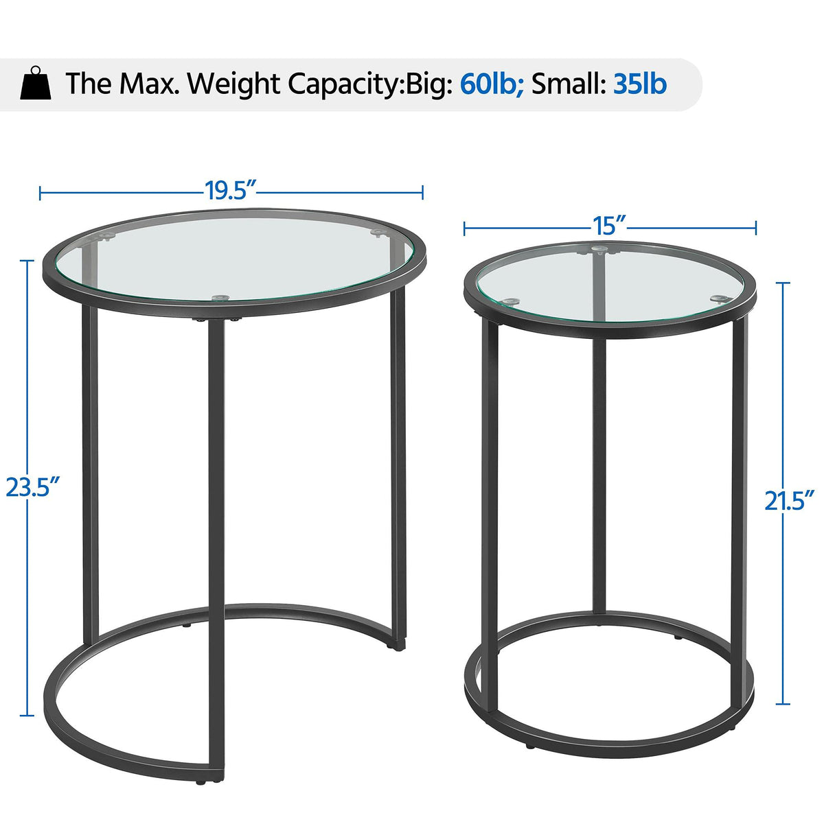 Yaheetech Glass Nesting Tables Set of 2 with Metal Frames, Black