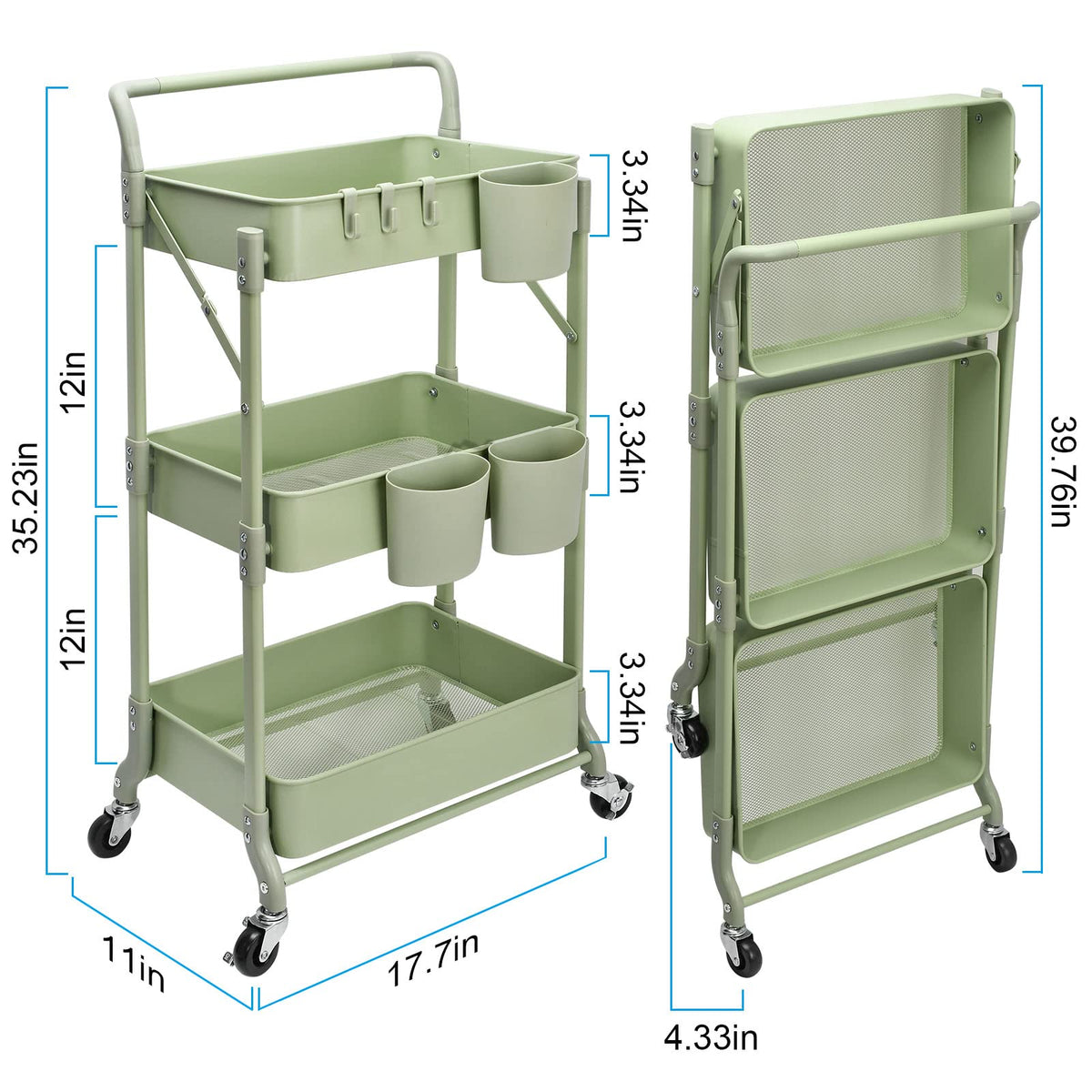 Shrivee 3-Tier Foldable Metal Shelf Organiser, Serving Trolley with Wheels for Kitchen, Bathroom, Office Green