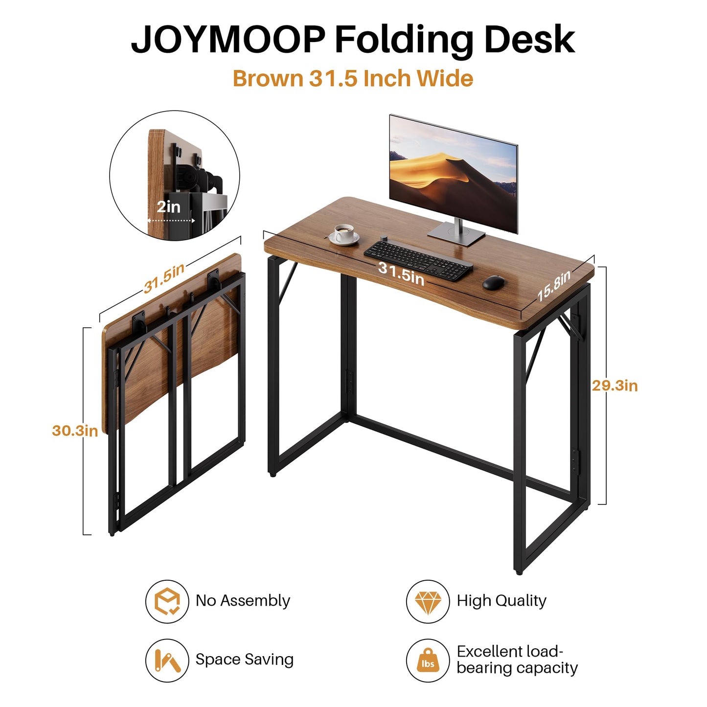 JOYMOOP 80 x 40 cm Folding Desk - Brown, No Assembly Small Foldable Desk for Home, Office, Wooden Top Folding Computer Desk for Working, Writing