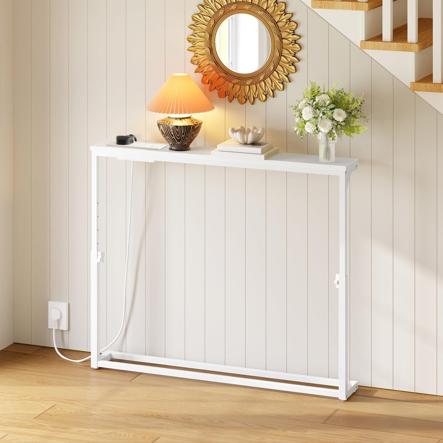 HOOBRO Slim Console Table with Adjustable Height (63.5-83.5 cm), Behind Sofe Table with Charging Station, 100 cm Narrow Console Table for Hallway