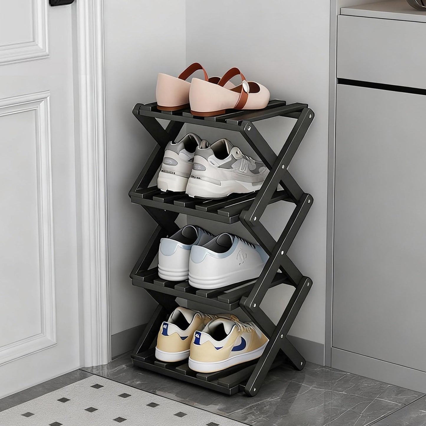 GIRYES Small Shoe Rack Black, 4 Tier Bamboo Foldable Shoes Organizer Free Standing Shelf for Entryway, Bedrooms, Closet, Living Room Corner