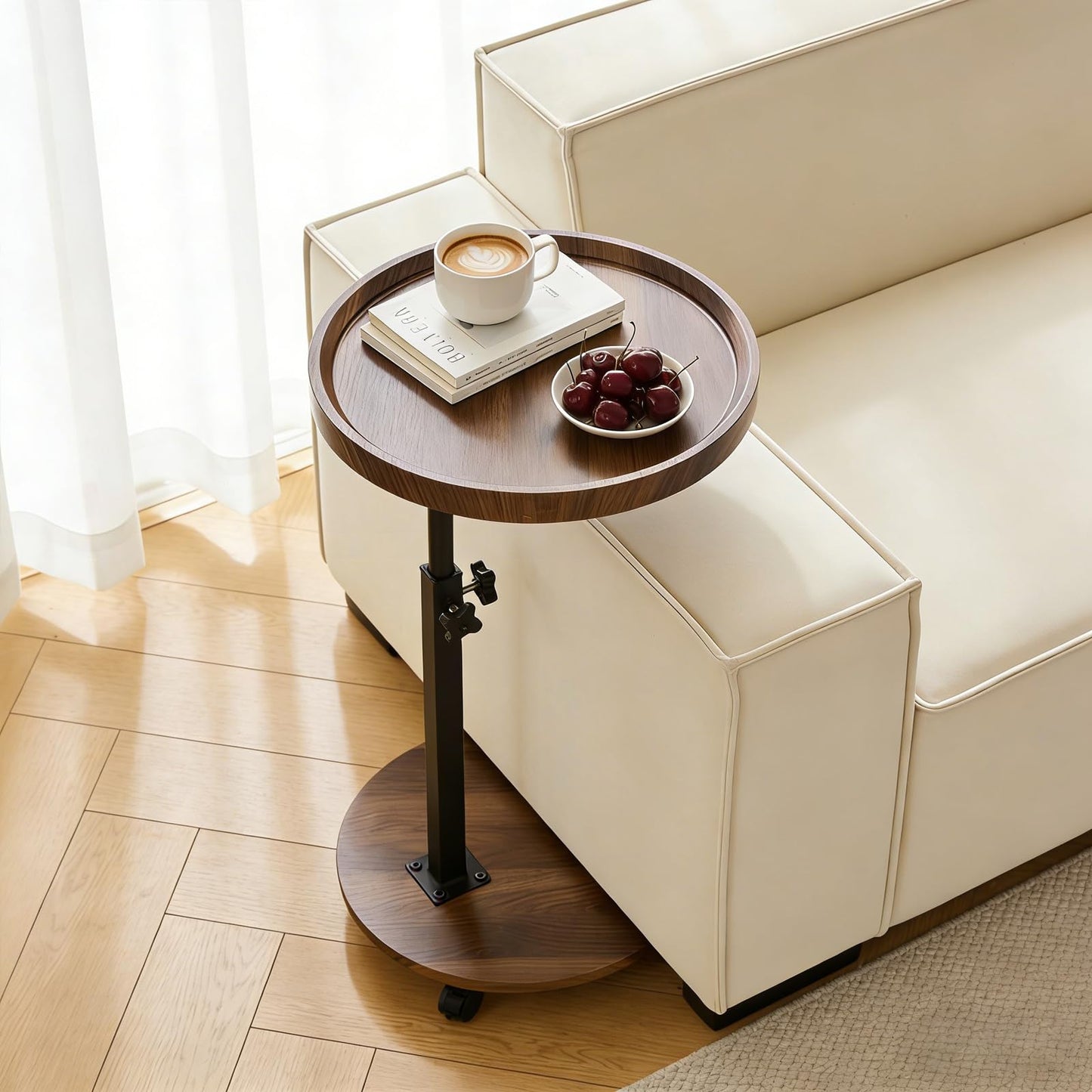 YYW C Shaped End Table Adjustable Height, Couch Tables That Slide Under for Small Spaces, 360°Swivel TV Tray Table