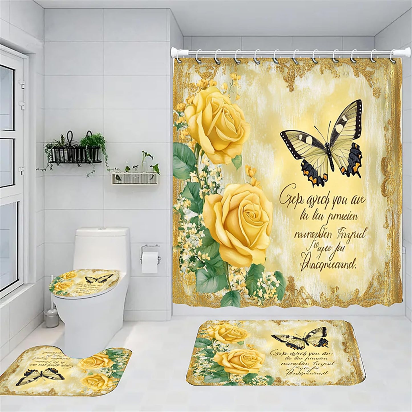 NEWSUYAA Flowers and Butterflies Shower Curtains with Rugs Bathroom Decorations Sets,4 Pcs Blue Floral Bathtub Curtain Elegant Bath Decor with Toilet