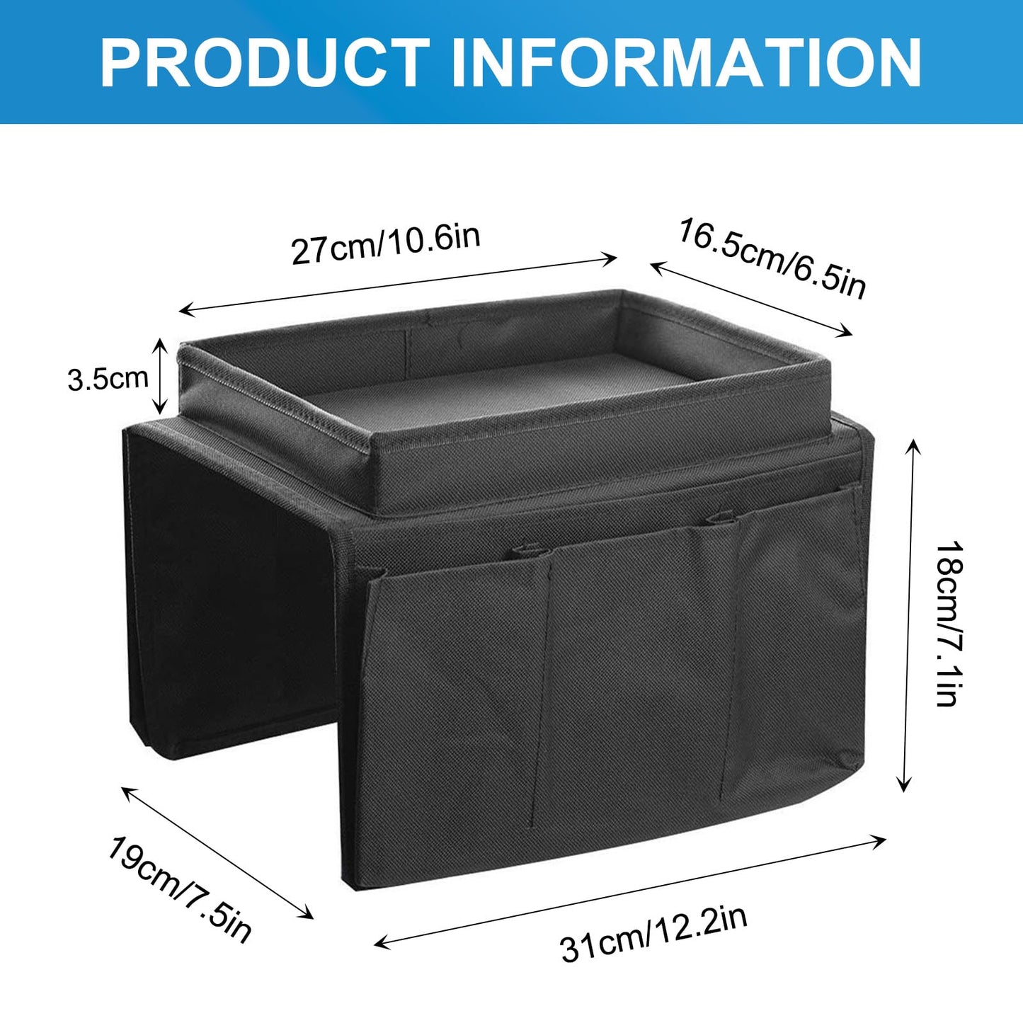 Eulihent Sofa Arm Tray Armchair Tray Organiser Waterproof Non-Slip Sofa Arm Table with 4 Bags for Drinks,Phone,TV Remote Control, Magazine