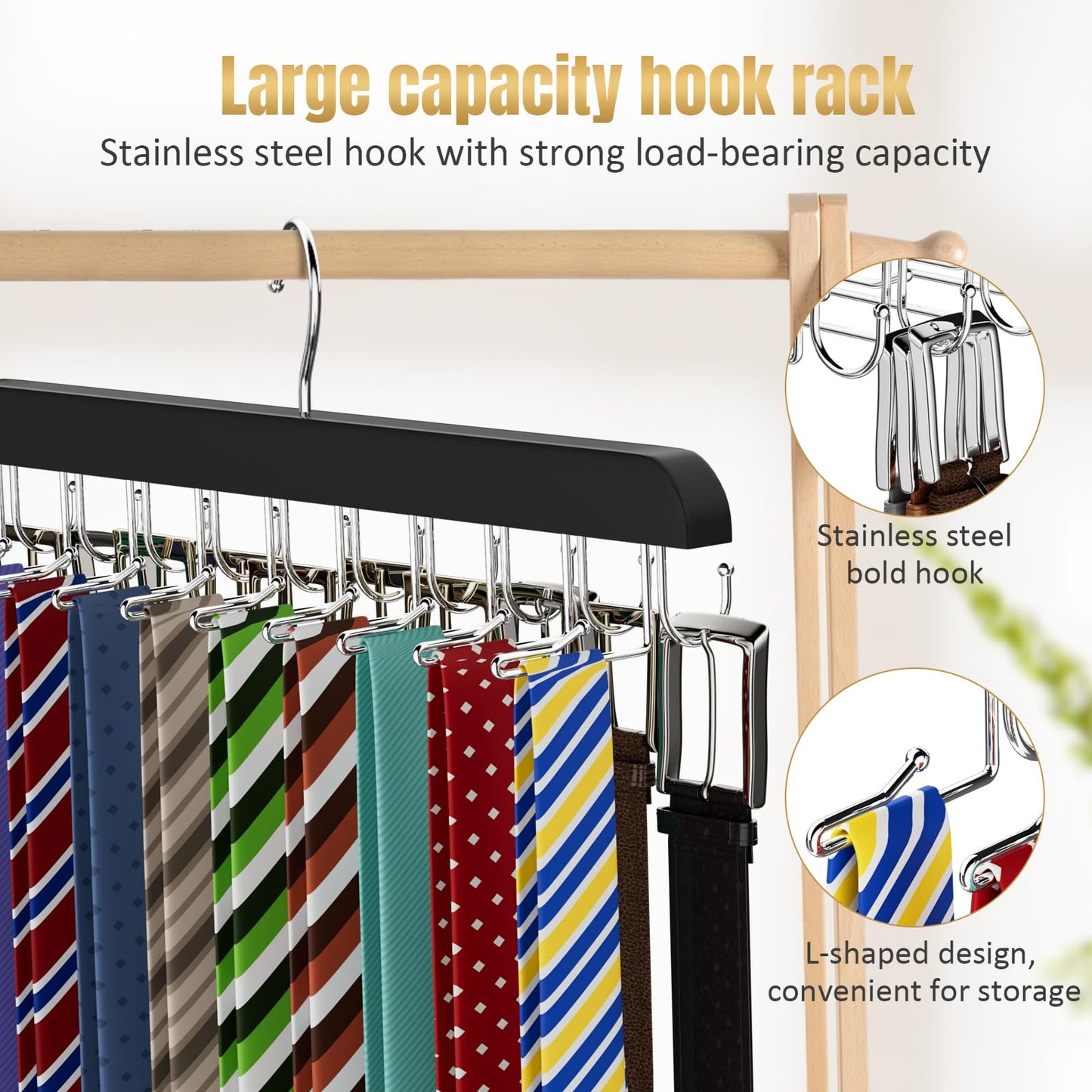 Tie Rack & Belt Hanger 2 in 1 Tie Hanger Space Saving 20 Hooks Hangers for Closet Max 30 Belts with 30 Ties Capacity
