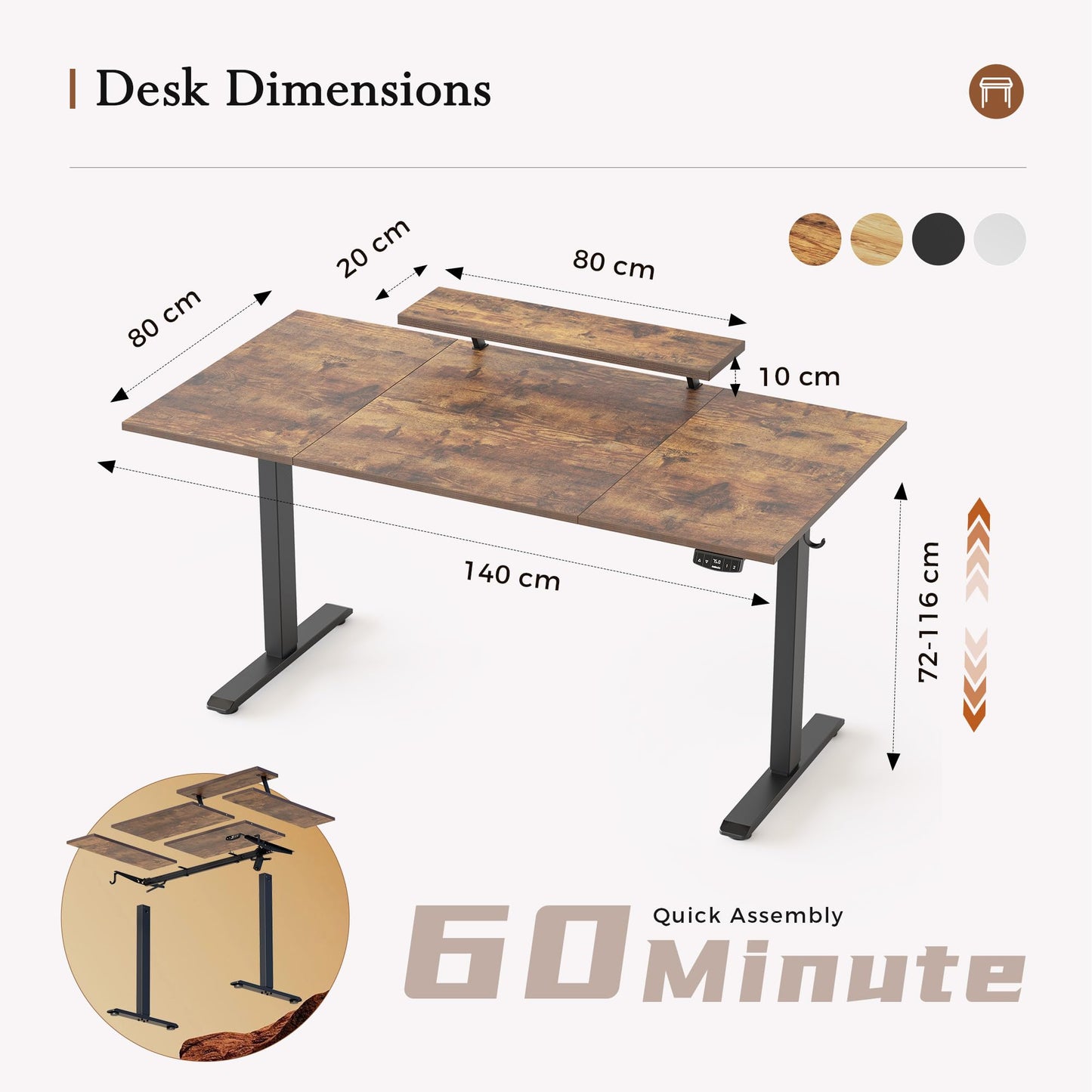 Klicelor Eletric Height Adjustable Desk, Movable Monitorstand, 160x80cm