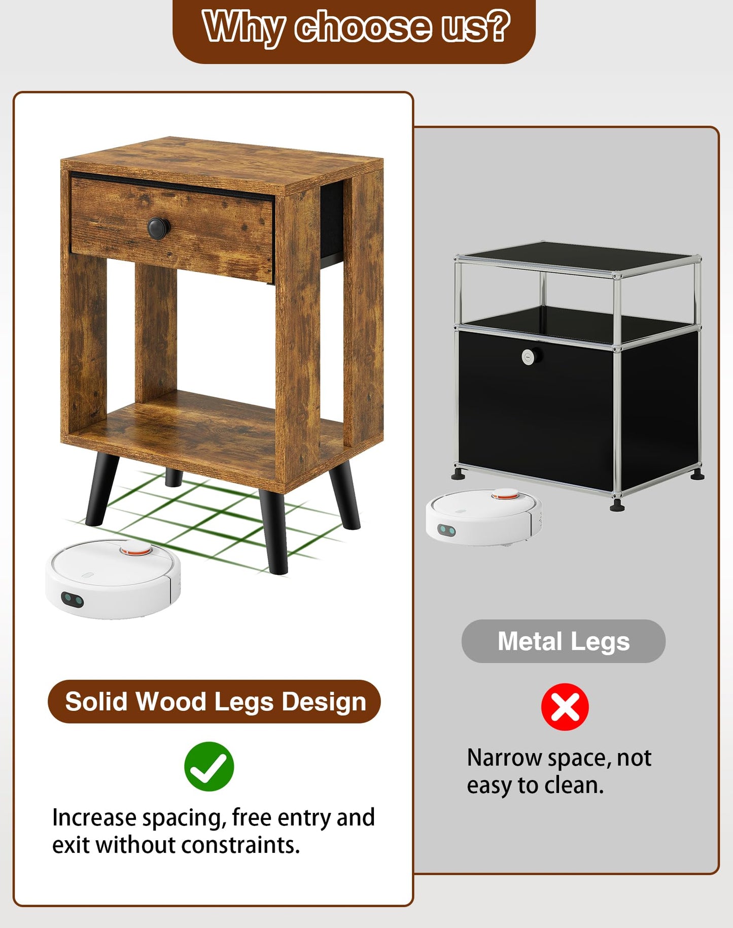 YMYNY Set of 2 Side Tables, Bedside Table, Sofa End Table, with Fabric Drawers and Open Shelf Unit, Solid Wood Legs, Nightstand, for Bedroom