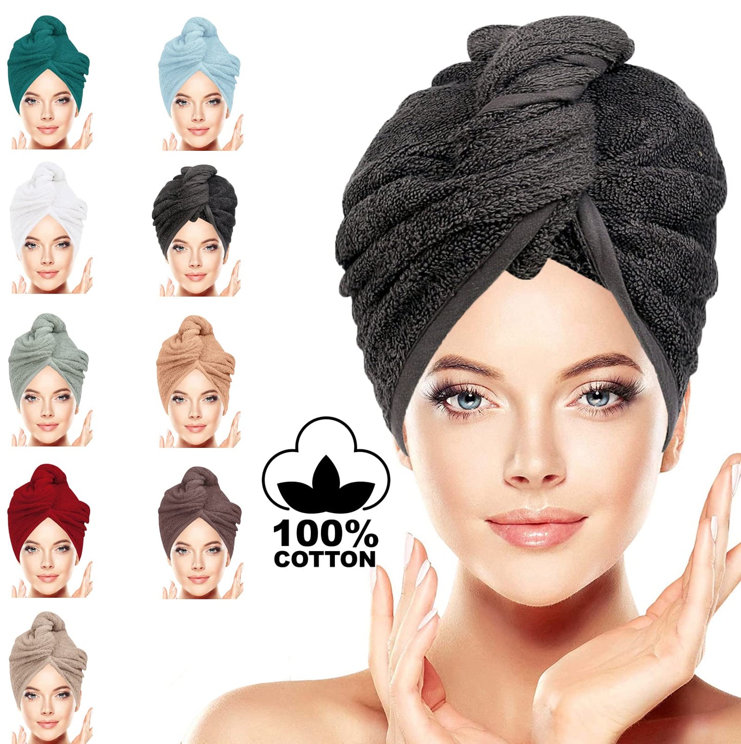LUXURY Hair Towel Wrap 100% Cotton, Instant Drying Lightweight Turban Cap Super Quick Absorbent Anti-Frizz Twist Toweling Dry Hat with Button Loop