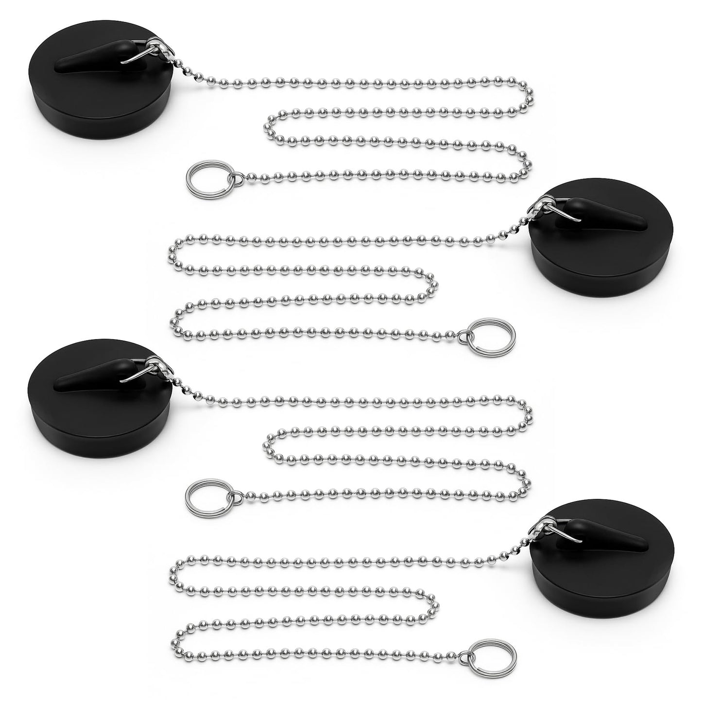 4 Pcs Universal Bath Plug, Kitchen Sink Plug with Stainless Steel Chain, Universal Bath Plug with Stainless Steel Chain and S-Shaped Hook,Drain