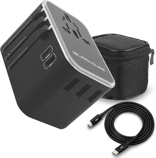 iBlockCube Travel Adapter, World's First 35W Dual Type C | 3 USB Ports with 3.5A Fast Speed Charger, & Universal AC Socket, All in One Portable