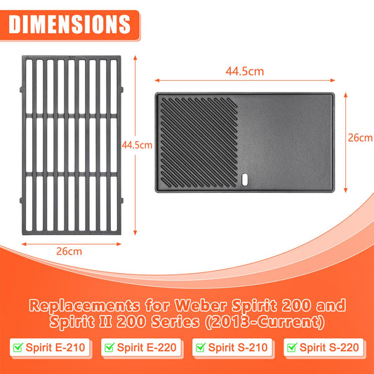 GFTIME 7637 44.5CM Grill Cooking Grate & Griddle for Weber Spirit ? & ? 200 series-Spirit E210/220 S210/220 Gas BBQ Grills (with Front Control Knobs),