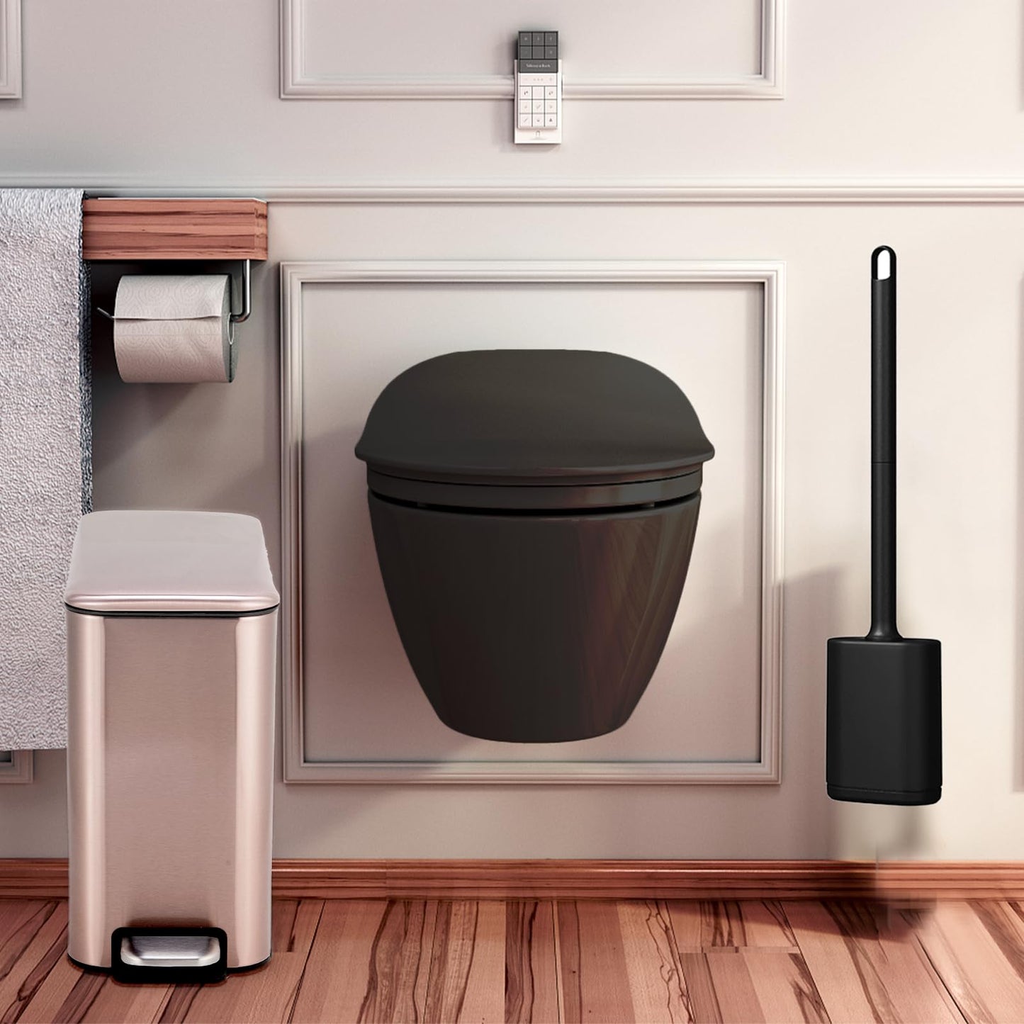 Bathroom Bin with Loo Brush Set, 5L Rectangular Rose Gold Stainless Steel