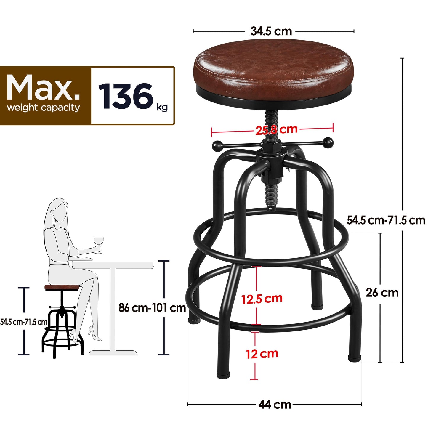 Yaheetech Rustic Round Adjustable Industrial Bar Stools, 1PCS Brown