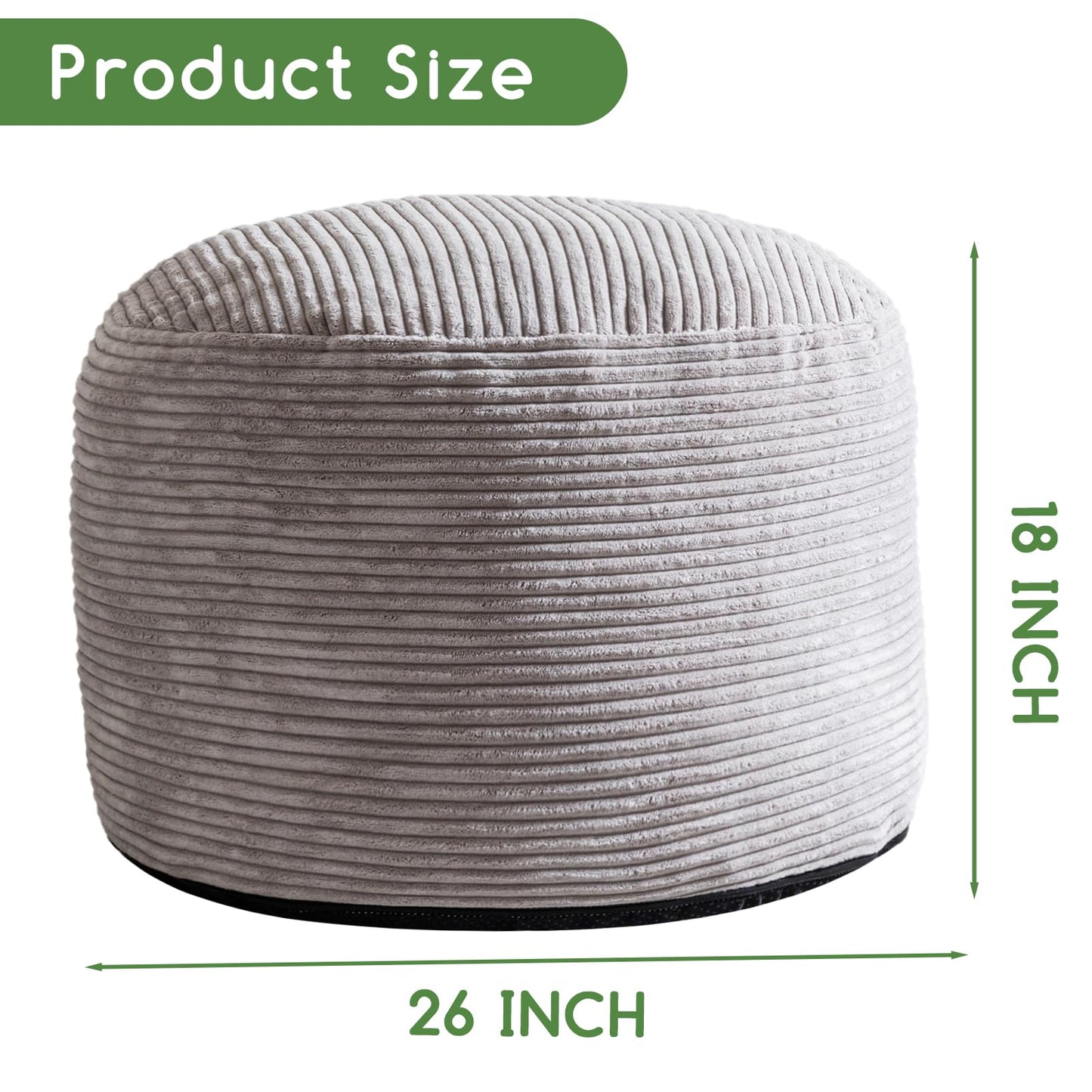HIGOGOGO Corduroy Beanbags Round Footstool Bean Bag Pouf with Foam Chunk Filling, 65 x 45 cm Floor Poufs Foot Rest for Living Room, Grey