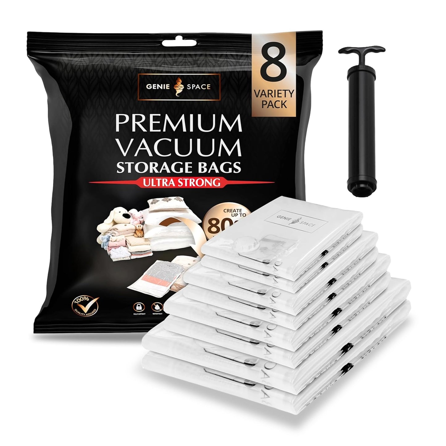 GENIE SPACE Premium Vacuum Storage Bags Variety 8 Pack with Pump