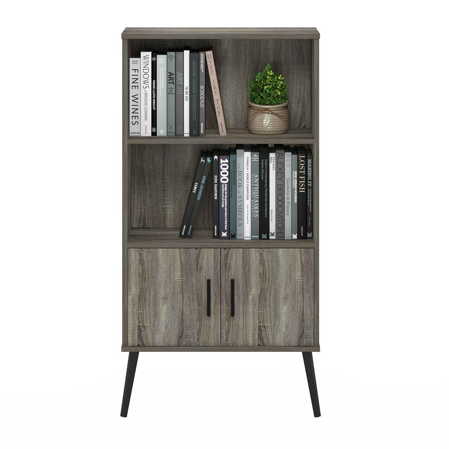 Furinno MIDCENTURY Storage Shelves, Storage Cabinet with Doors and Shelves, Bookshelf with Legs, for Living Room, Home Office, Grey Oak